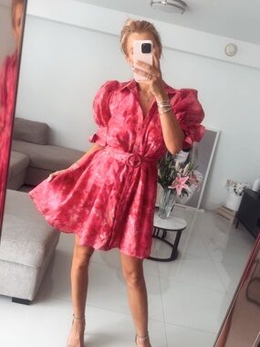 Luxxel Red Tie-Dye Puff-Sleeve Belted Mini Dress  would fit on S too